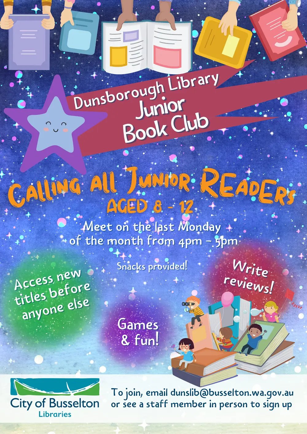 A3-POSTER_Jnr-Book-Club Calling all junior readers aged 8-12.