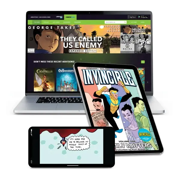 comics-plus A laptop, a tablet, and a phone, all showing comics.