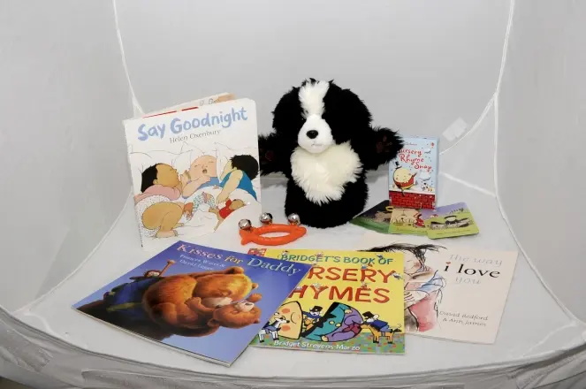 An arrangement of four books, cards for a game of snap, a puppet, and a baby's bell toy.