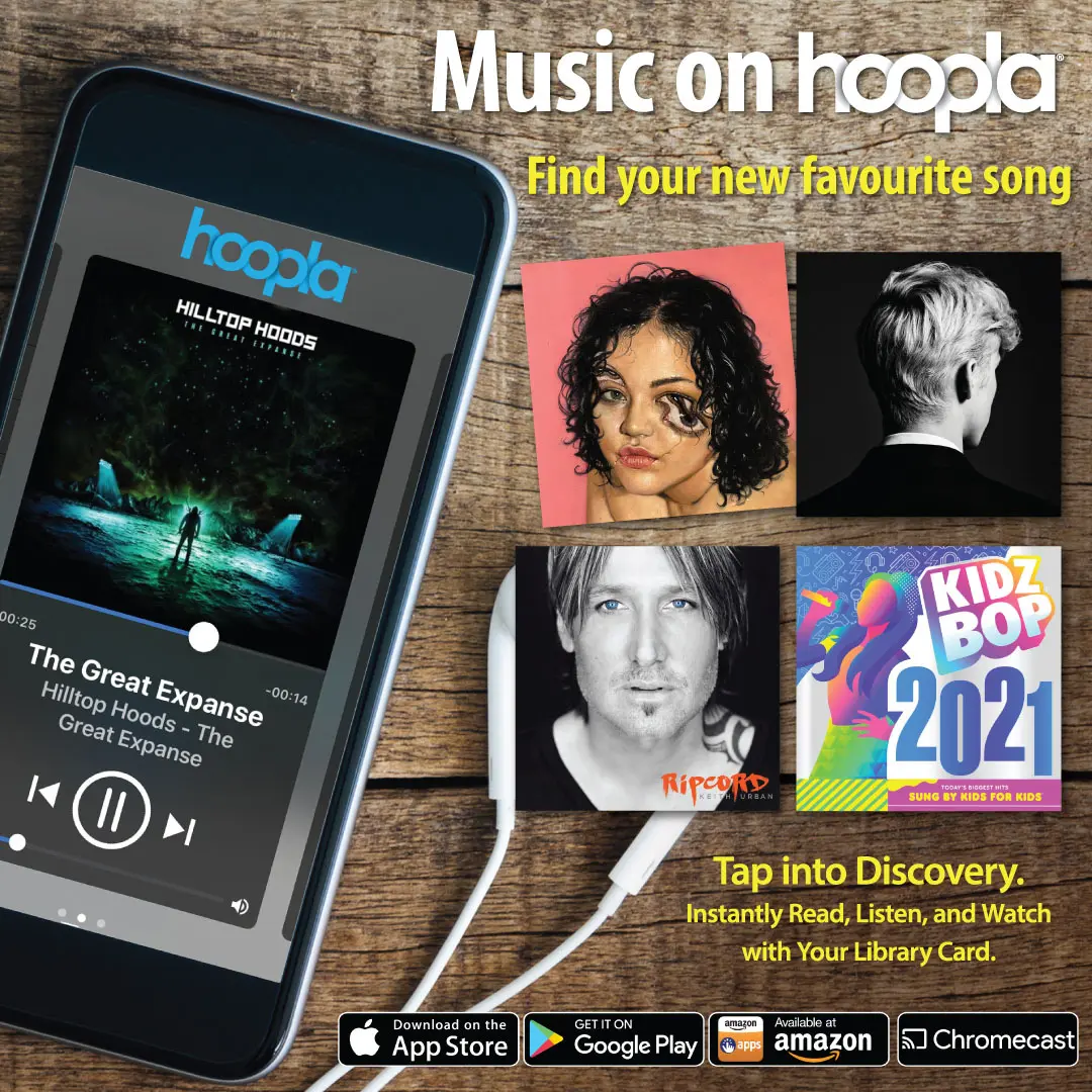 Promotional material indicating that music can be found on the hoopla app.