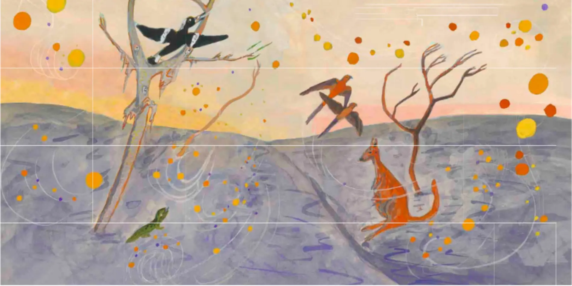 An illustration of a lizard, a kangaroo, three birds, and two trees.