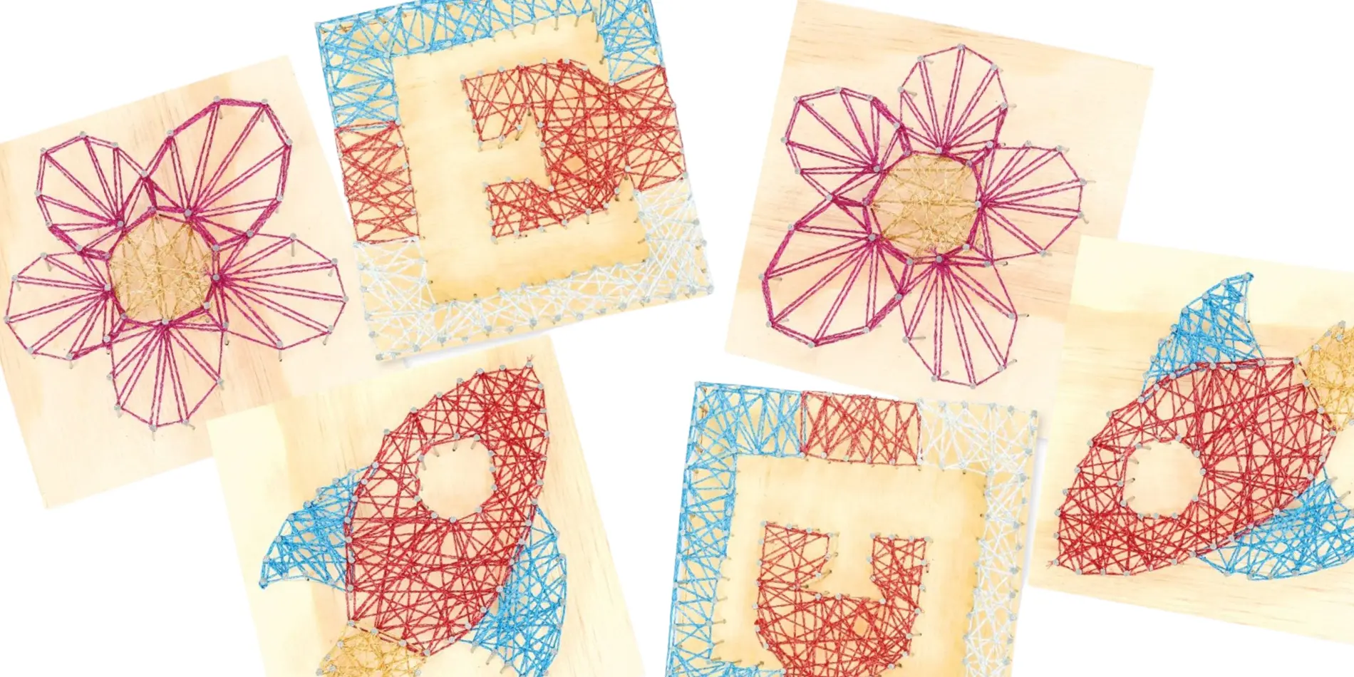 String art of two flowers, two rockets, a letter E, and a letter U.