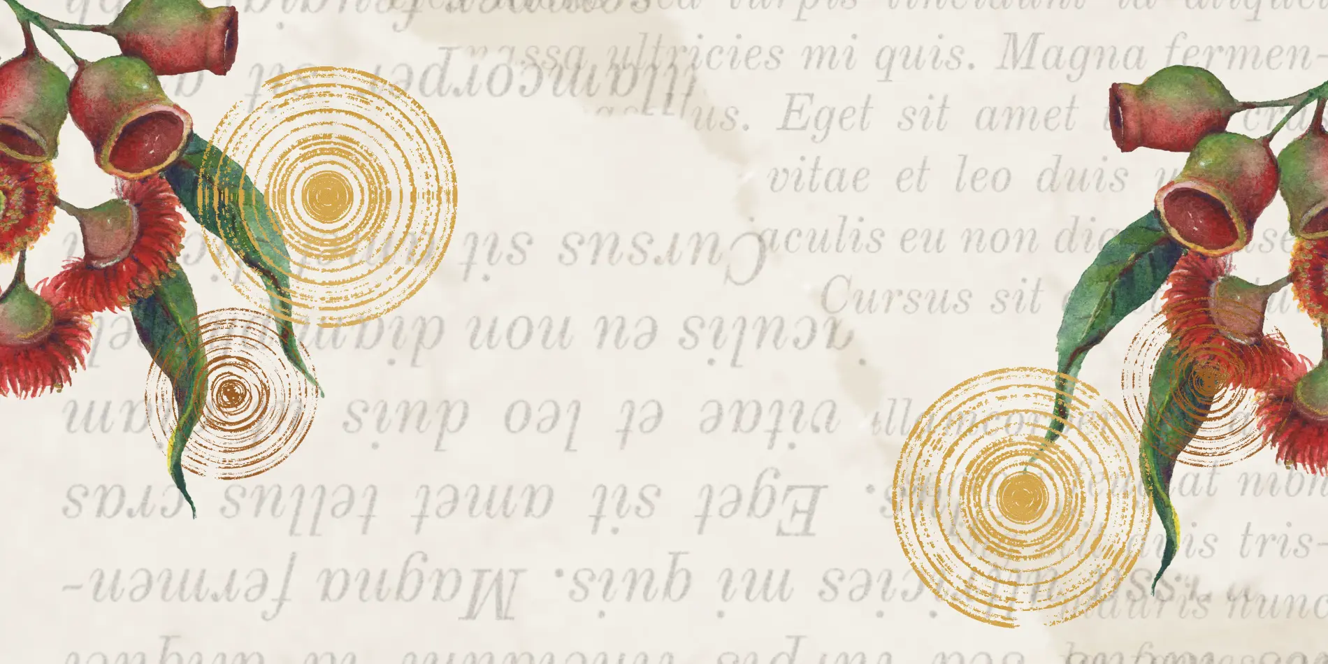 Illustration of gumnuts, some in blossom, with upside-down words in the background.