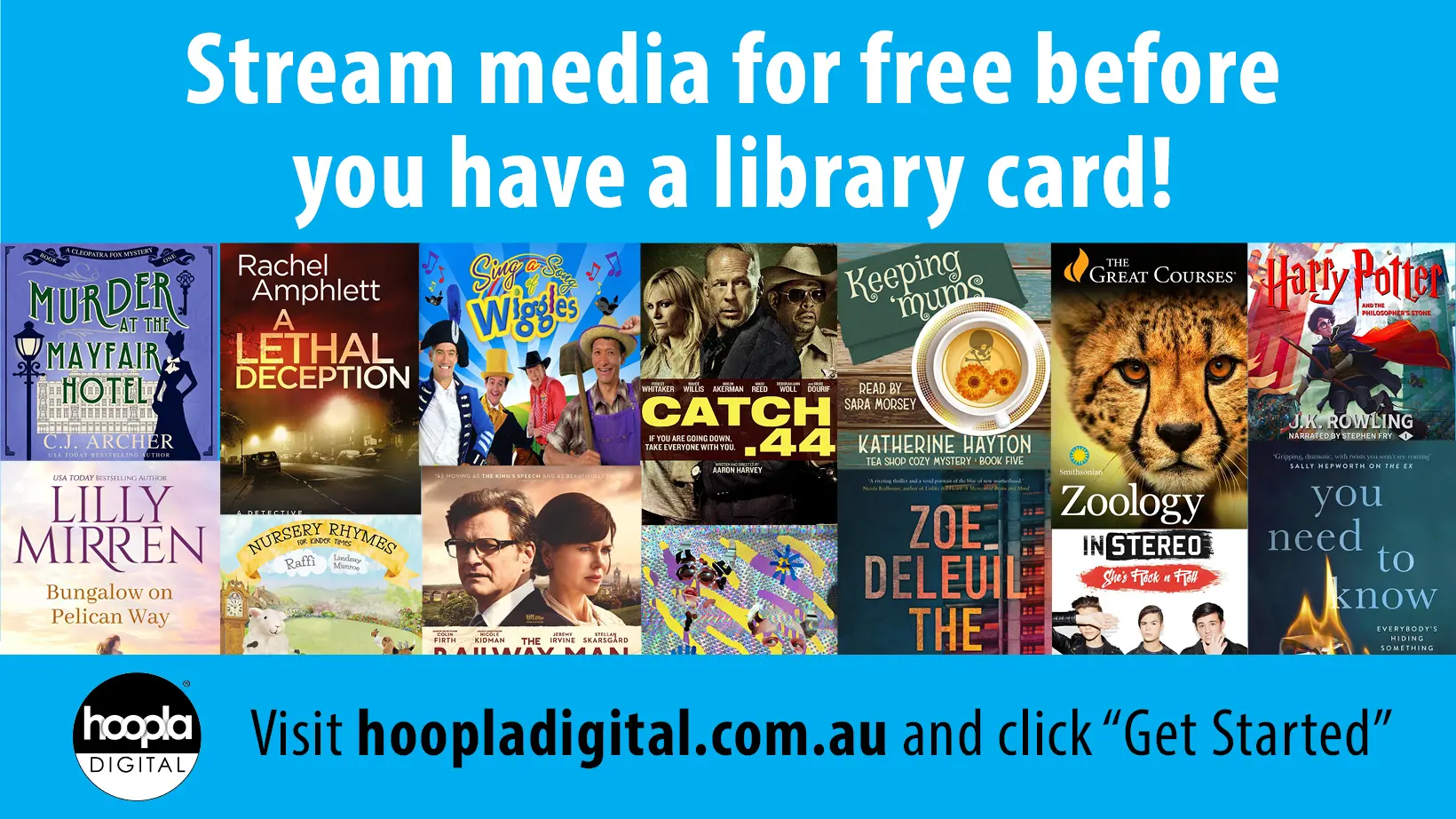 Promotional material advising you can access hoopla without a library card.