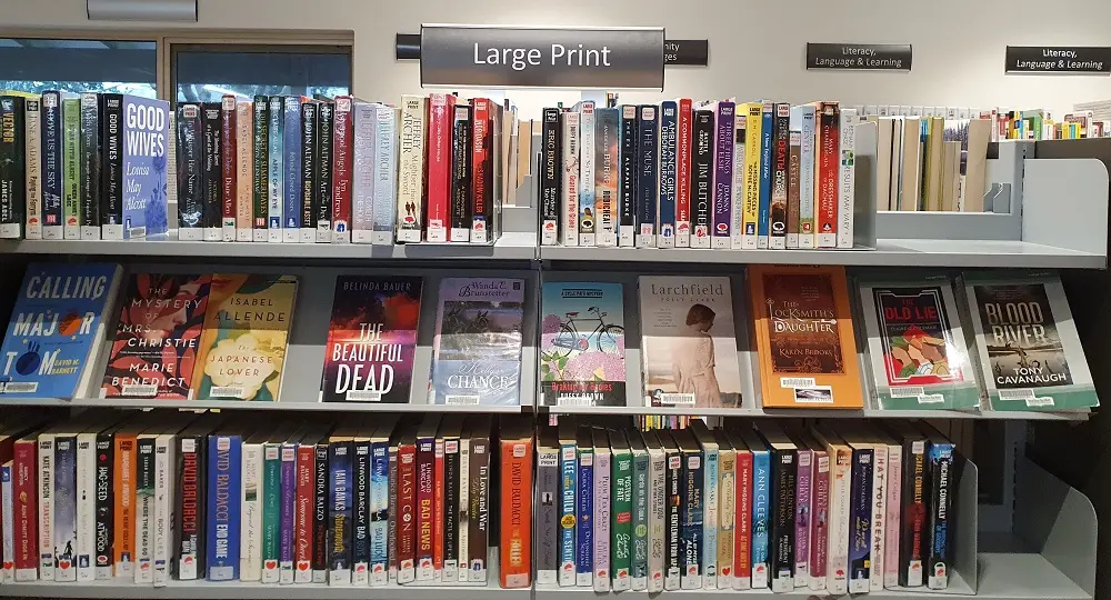 Many books sitting on shelves, with a sign reading Large Print above them.
