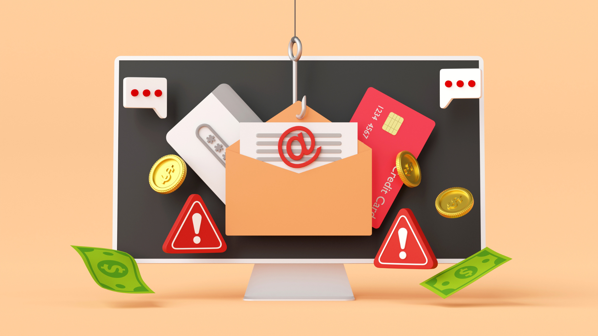 A computer screen covered with error symbols, credit cards, cash, and a letter on a fishing hook.