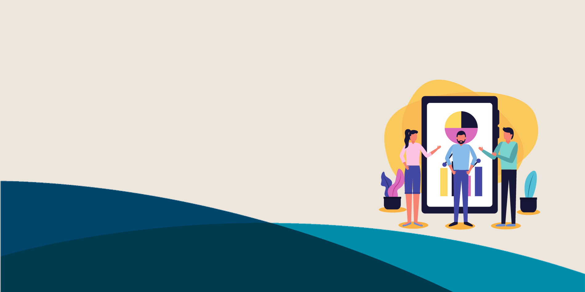 An illustration of three people standing in front of a giant tablet.