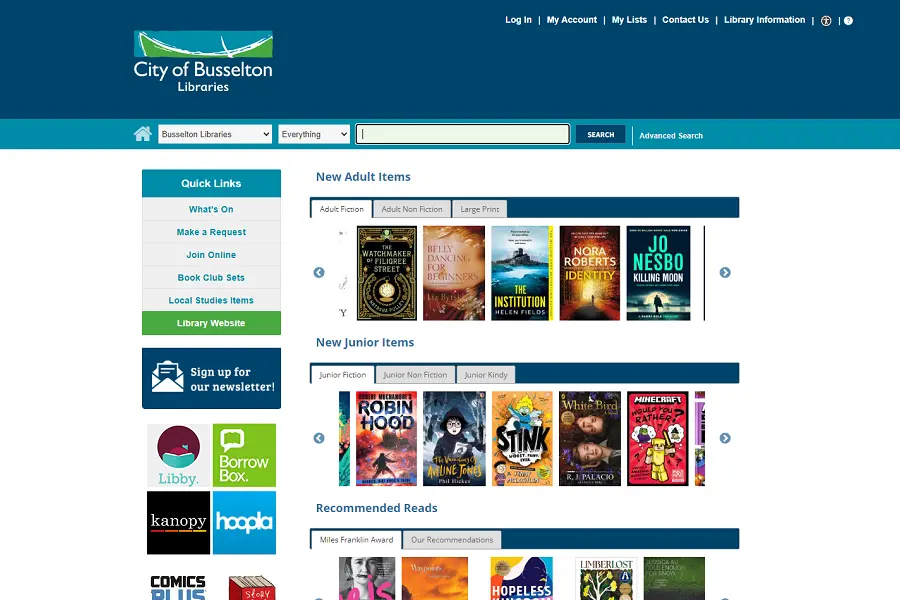 The front page of the library's online catalogue.