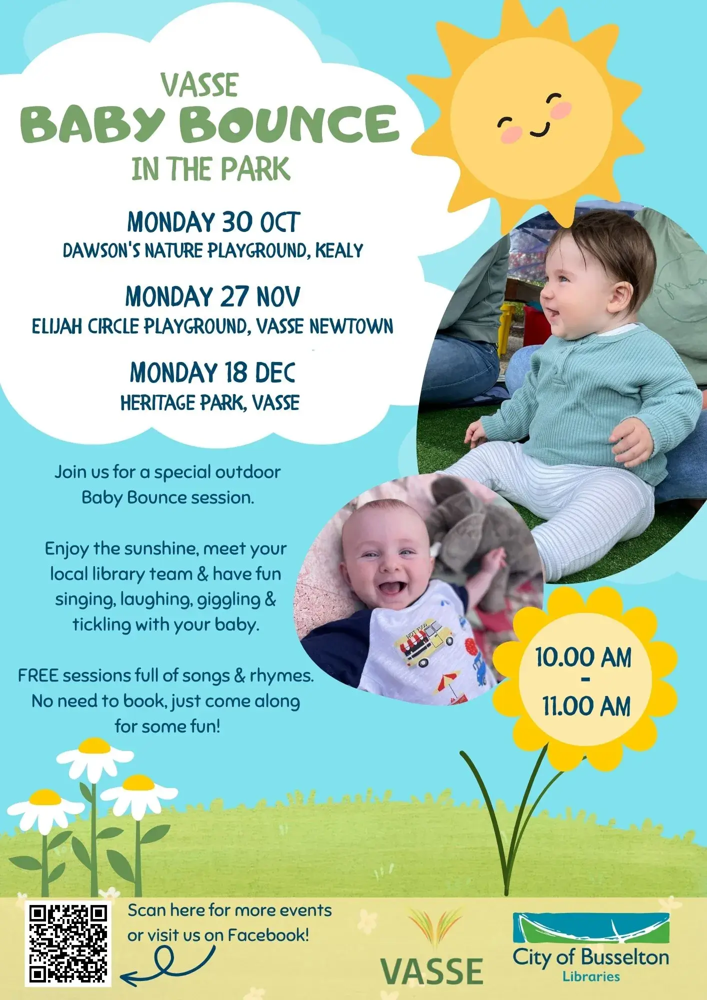A promotional poster for Vasse Baby Bounce in the Park.