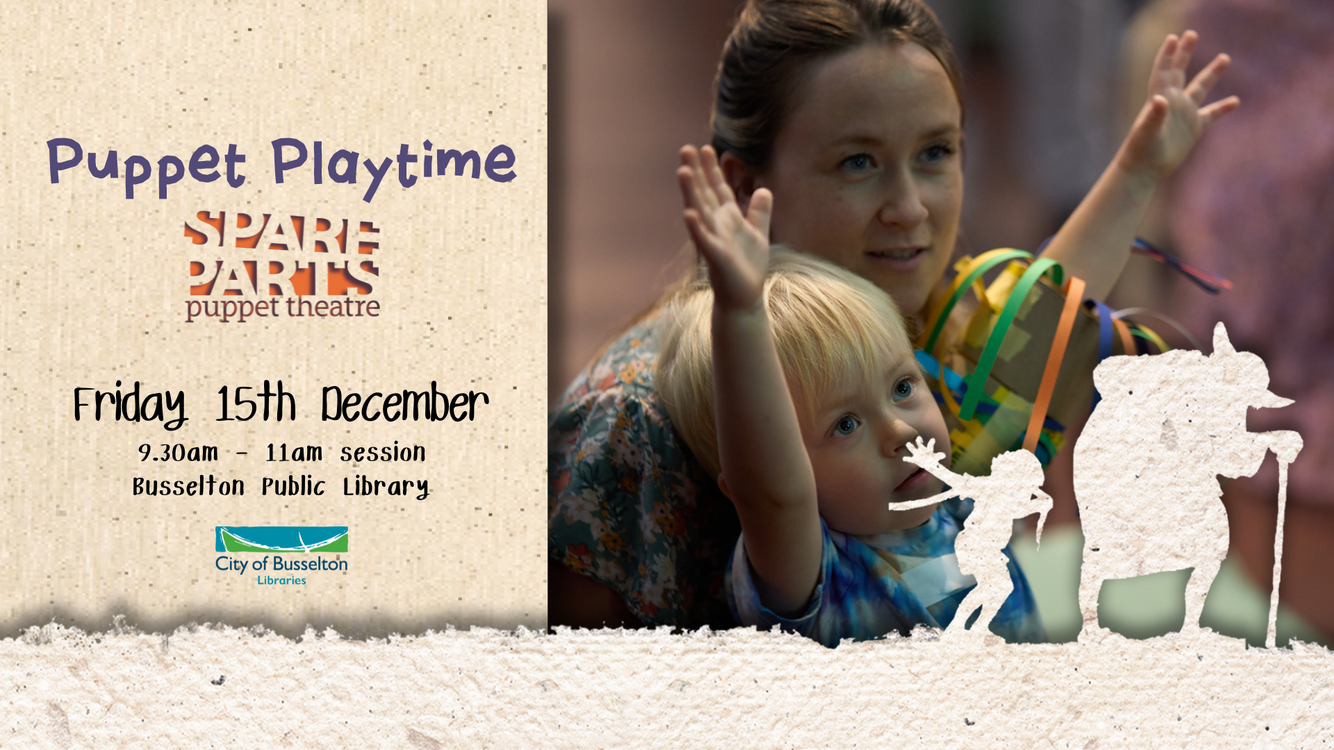 Puppet Playtime on Friday 15th December, 9:30-11:00am at Busselton Library.