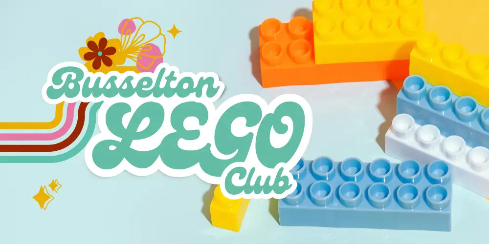 An infographic in 1960s retro font with the words "Busselton LEGO Club"