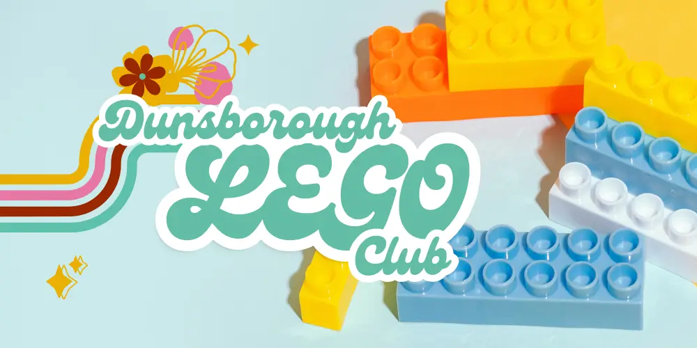 An infographic in 1960s retro font with the words "Dunsborough LEGO Club"