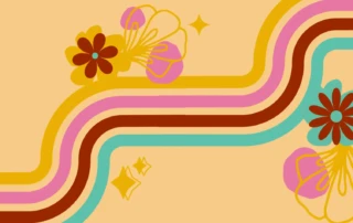 A yellow retro-themed banner with a rainbow and floral pattern.
