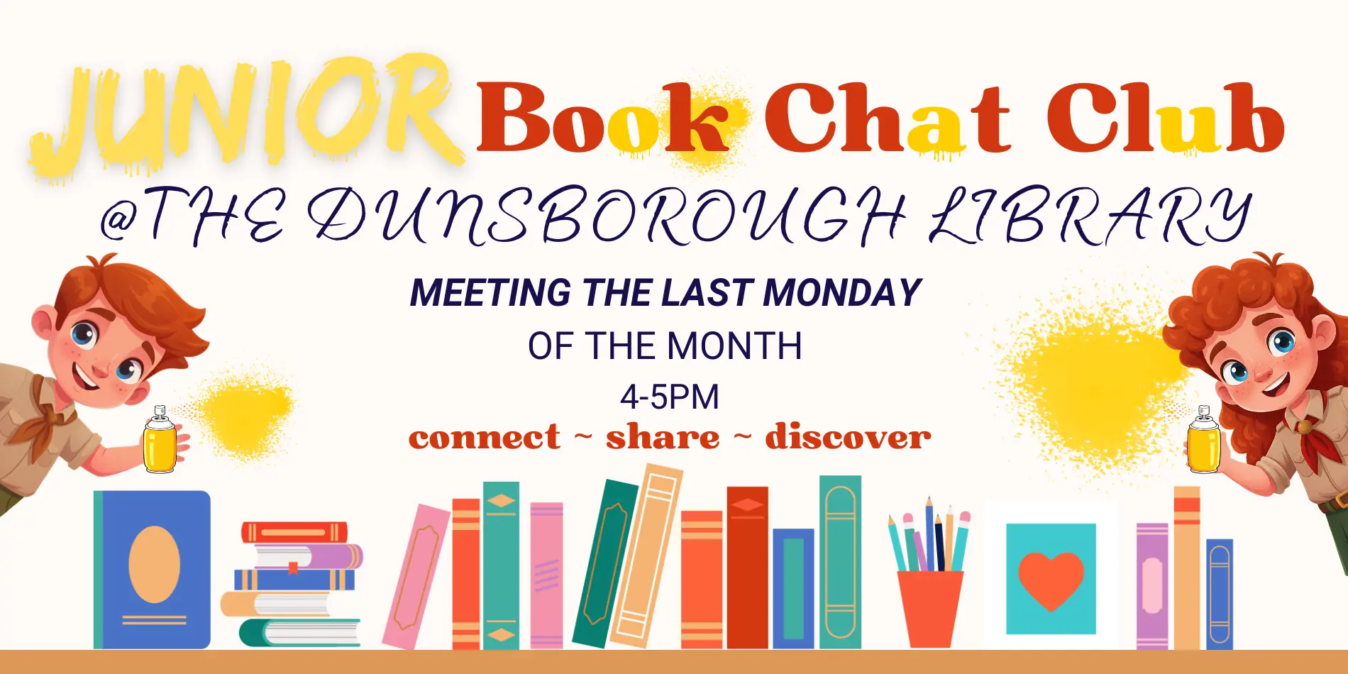 Junior Book Chat Club happens at the Dunsborough Library the last monday of each month, from 4pm until 5pm