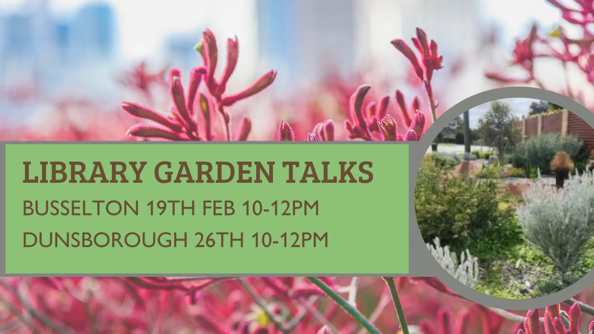 Learn about Waterwise gardening with GeoCatch. Busselton Library 19th Feb from 10am. Dunsborough Library 26th Feb from 10am.