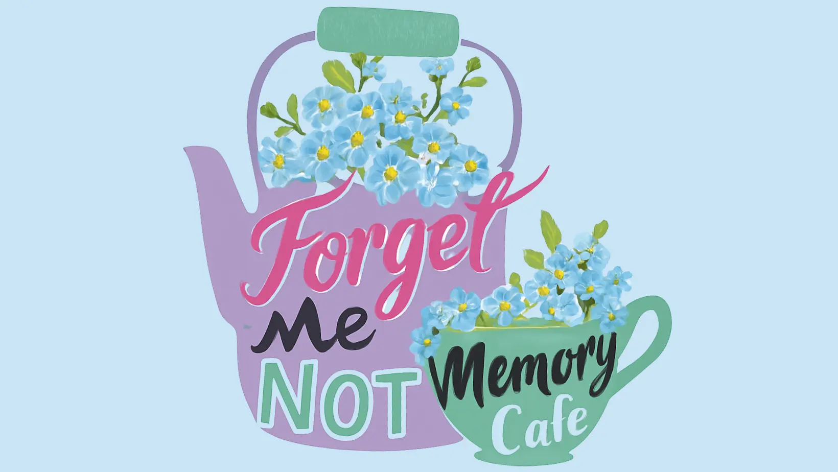 An illustration of a tea-pot, cup and saucer, and flowers on a light blue background.
