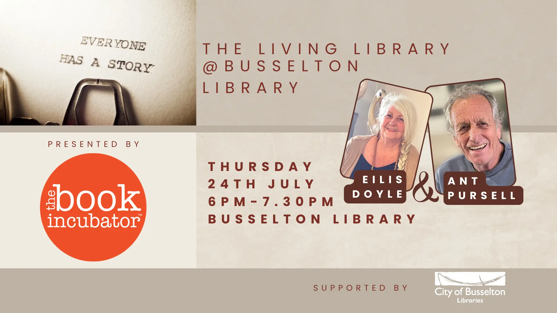 The Living Library, with Eilis Doyle & Ant Pursell on Thursday the 24th of July at 6pm, at the Busselton Library