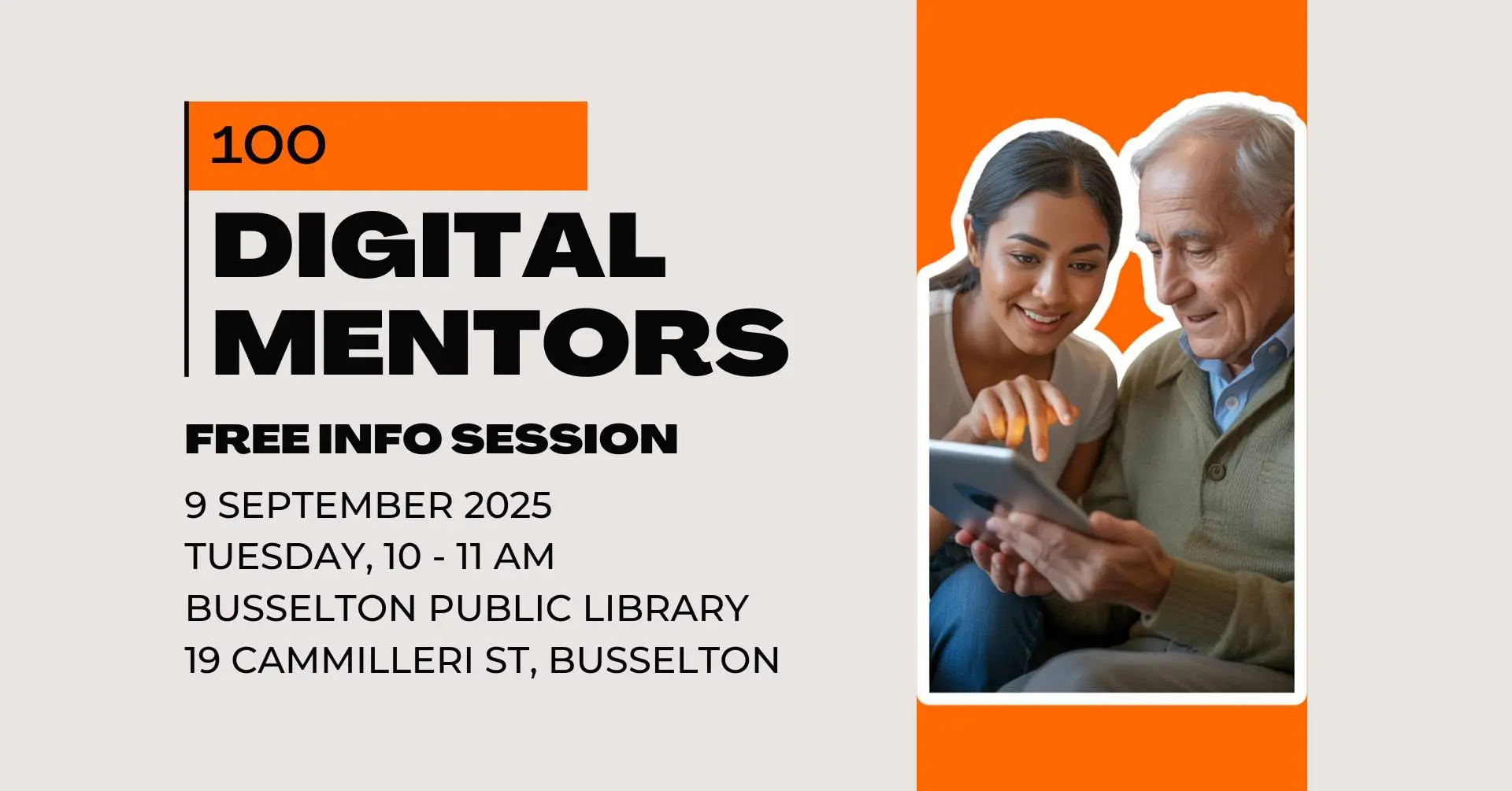 Learn how to become a digital mentor and help your community. Free Session on the 9th of September at 10am at the Busselton Library
