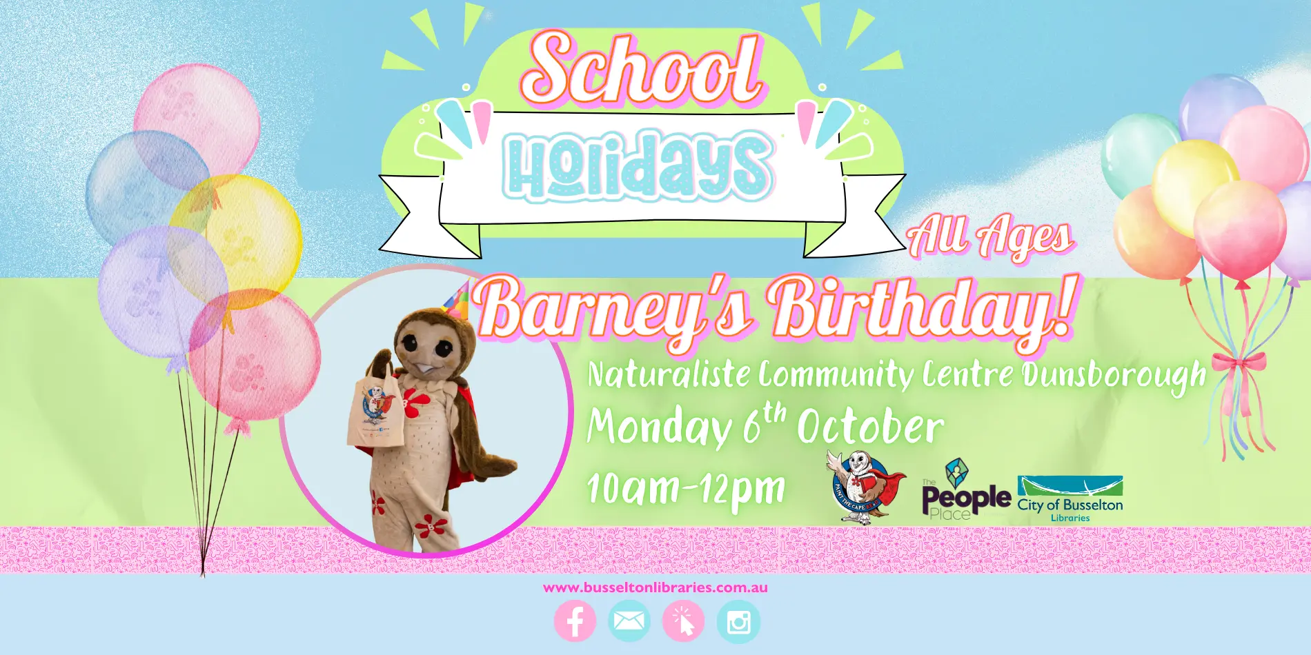 Barneys Birthday will be happening in Dunsborough on the 6th of October at 10am. The party will be outside of the Dunsborough Library