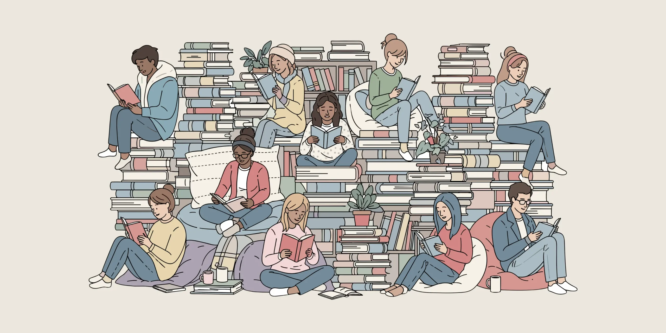 A cartoon image of adults chilling, reading and chatting.