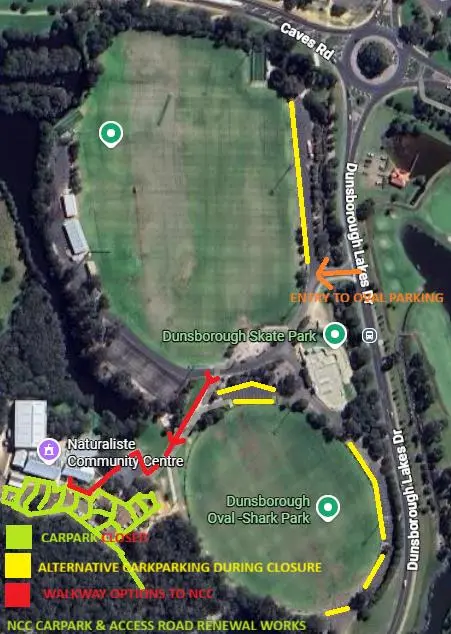 Map of the Dunsborough sporting district, showing where alternative carparking can be found and the path to the NCC.