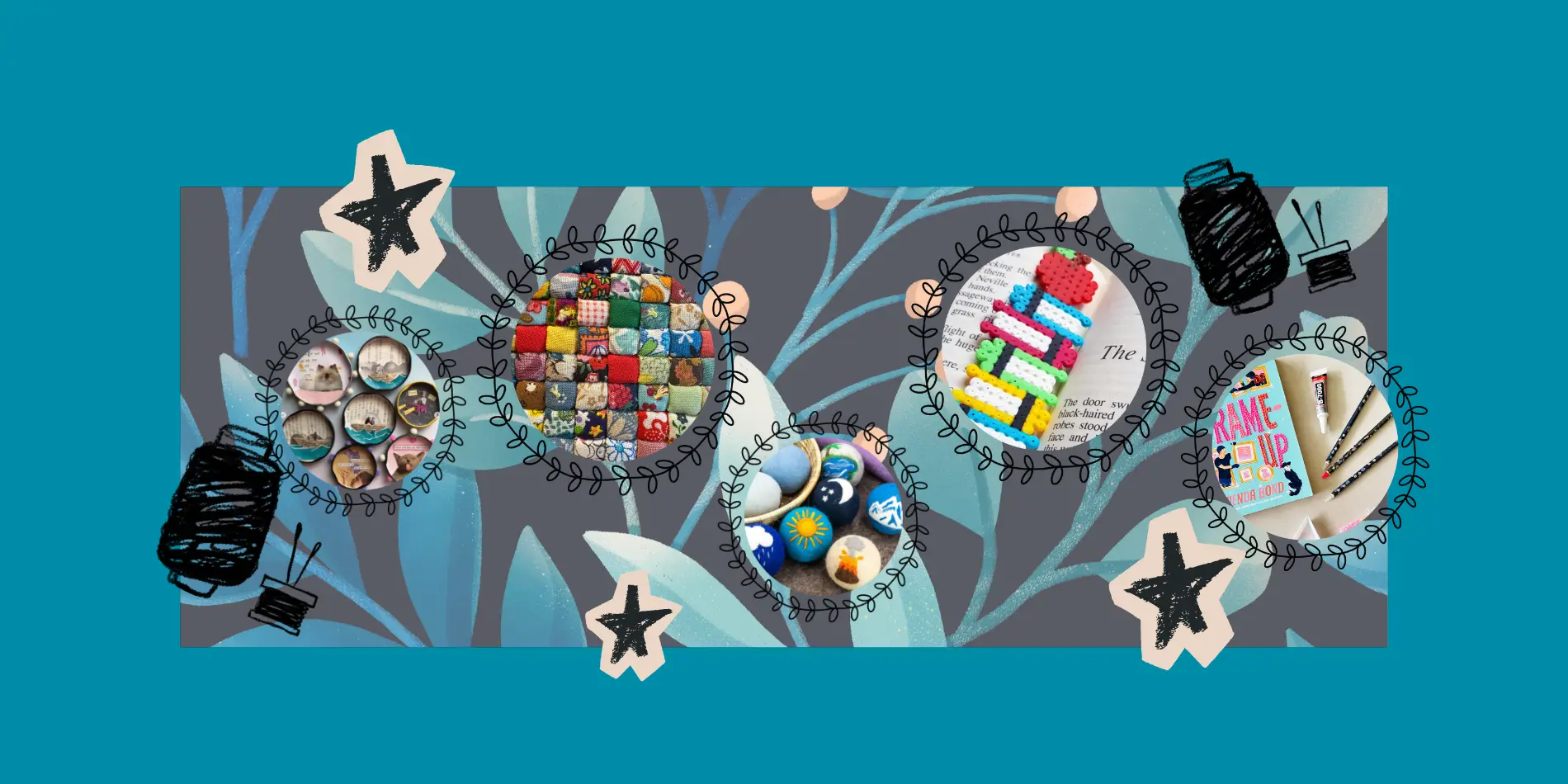 A decorative image of lots of craft activities.