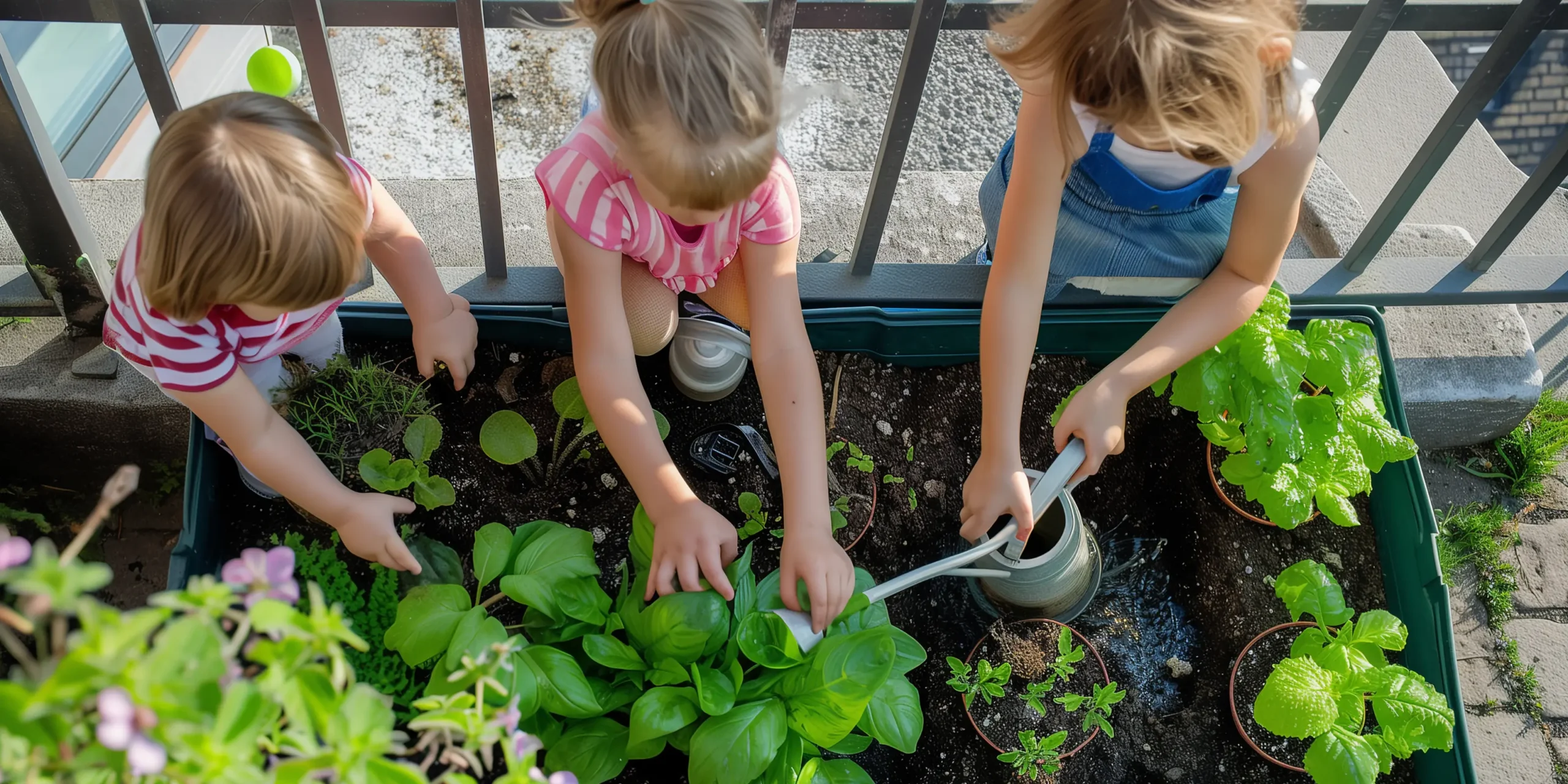 Three children tending to a veggie patch.
