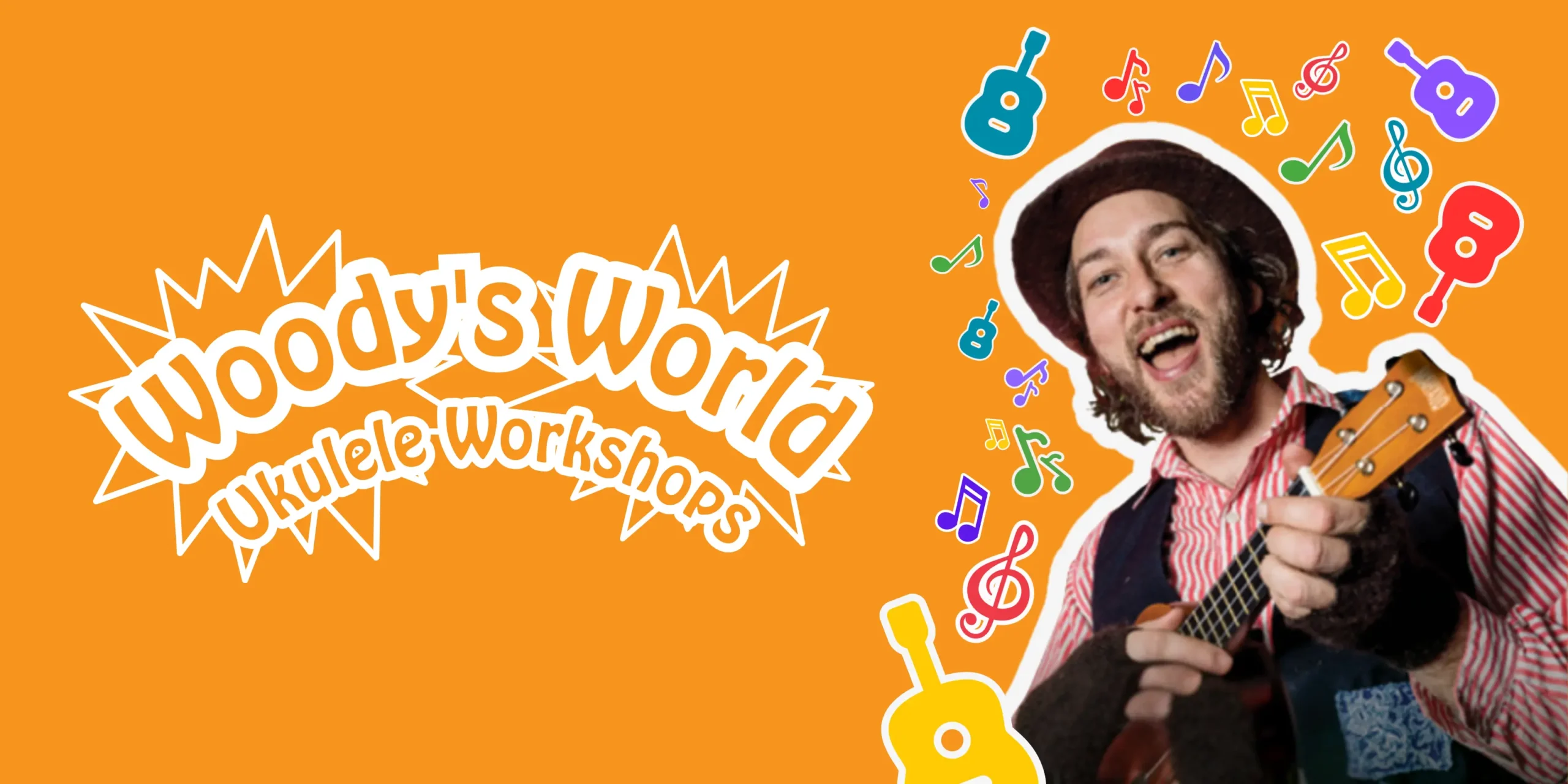 Woody Clark (musician) holds a ukulele infront of an orange background, surrounded by colourful cartoon music notes.
