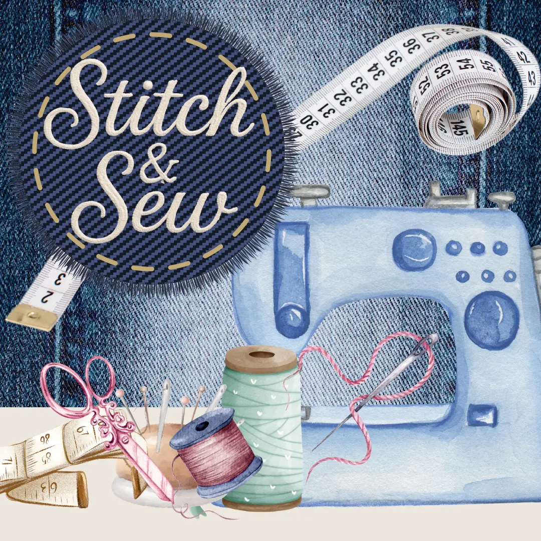 A graphic image of sewing items: sewing machine, needle and thread, measuring tape.