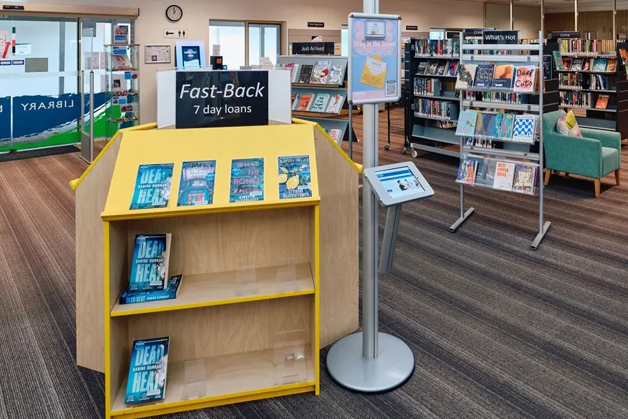 recommended-reading-2026 Bookshelves in the library showing fast-backs, just arrived, and what's hot.