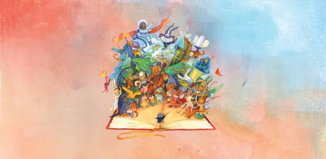 The 2026 Children's Book Week logo: an animated image of animals reading books, on a pink and blue watercolour background.