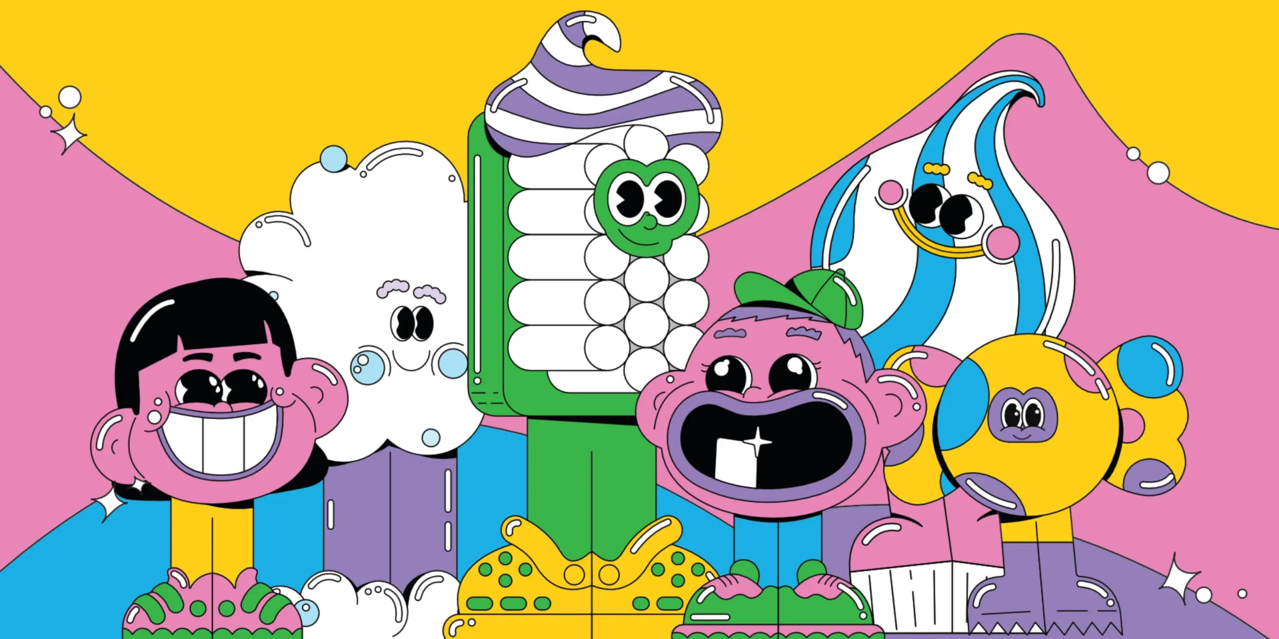 A very colourful animated image of teeth, gums, toothpaste and toothbrushes with big smiles.