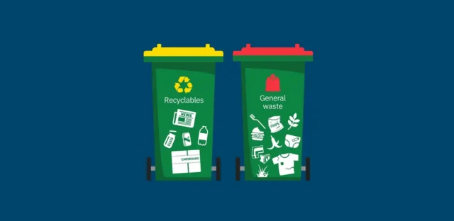 A graphic image of a rubbish bin and recycling bin on a dark blue background