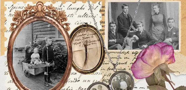 A collage of old, black and white photos, a lock of hair, a locket, and a dried flower.