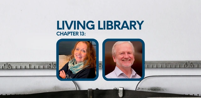 Headshots of the two "living books" Anne Marie and David, on a light blue background.
