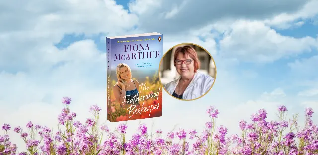 A photo of author Fiona McArthur and a cover of her new book, on a background of purple flowers and blue skies.